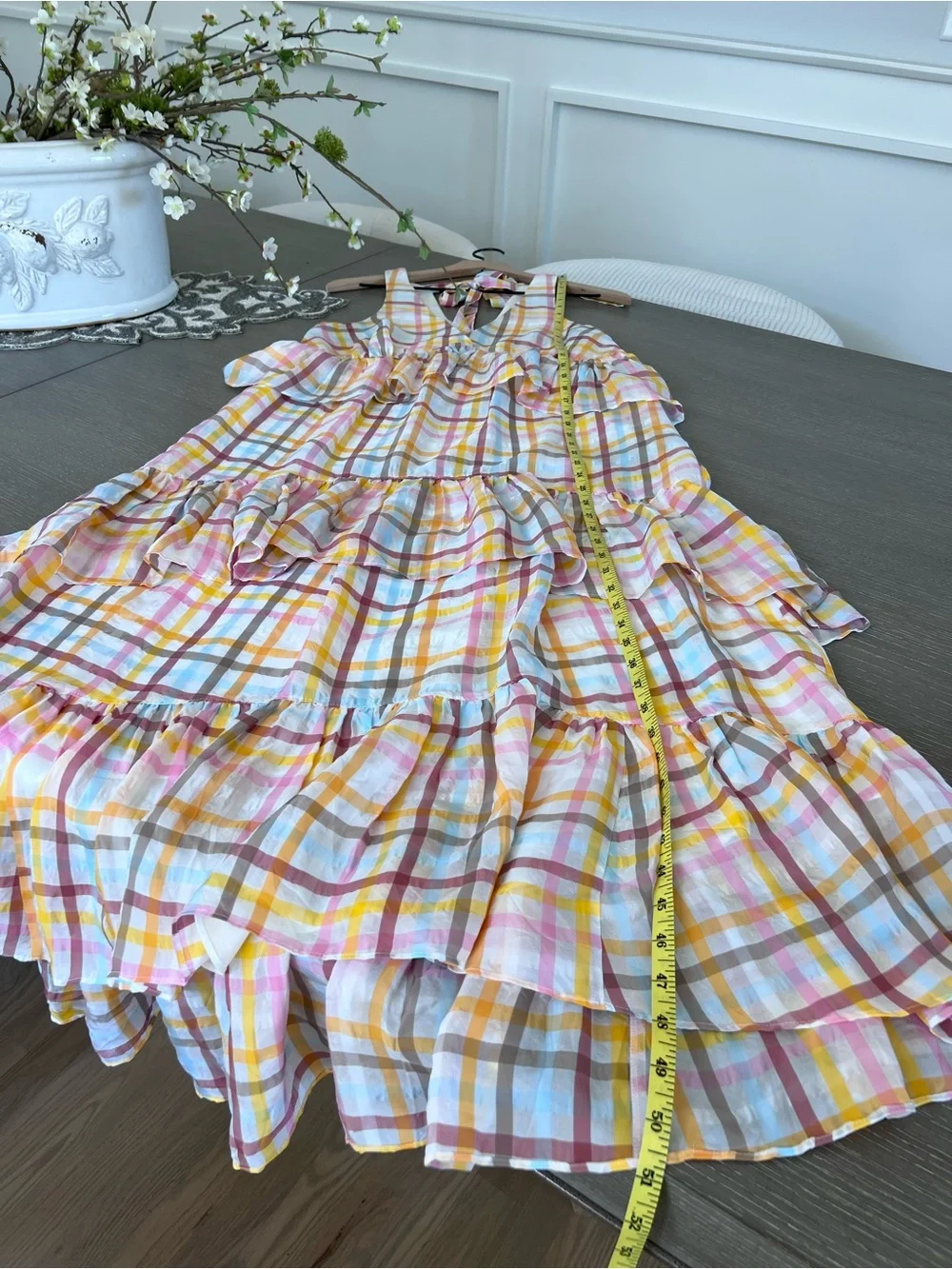 cinq a sept Pastel Plaid Tiered V-Neck Maxi Dress in Yellow and Pink - Picture 8 of 11